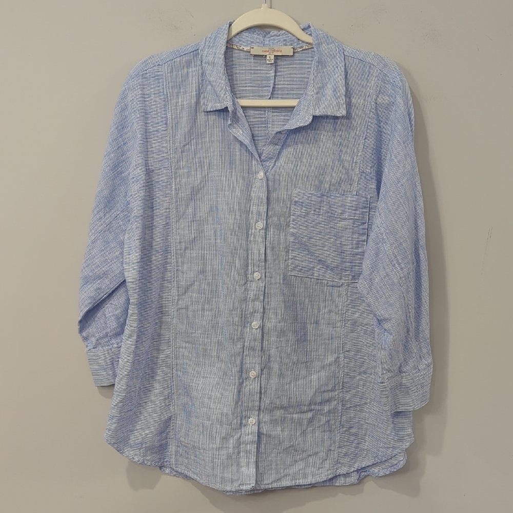 Linen Button Up 3/4 Sleeve Striped Blue White size Large